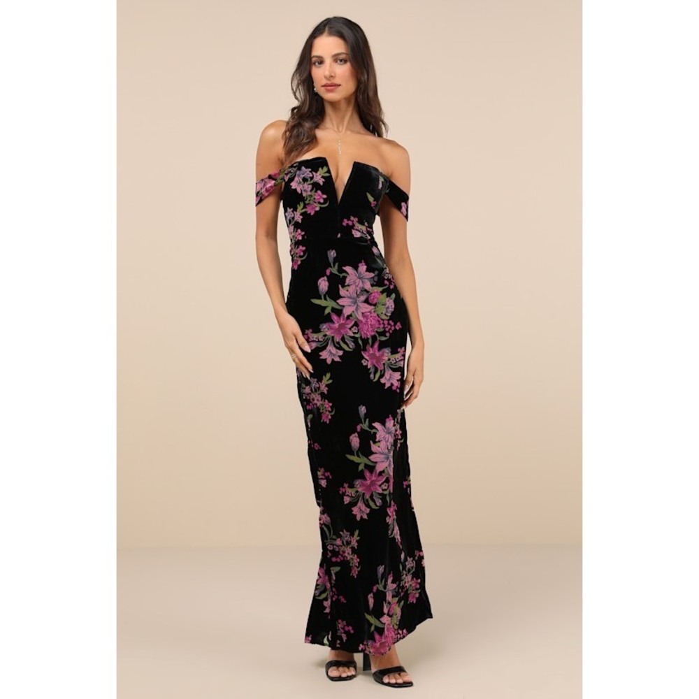 Lulus Enchanting You Black Burnout Velvet Off-the-shoulder Maxi Dress - Size M